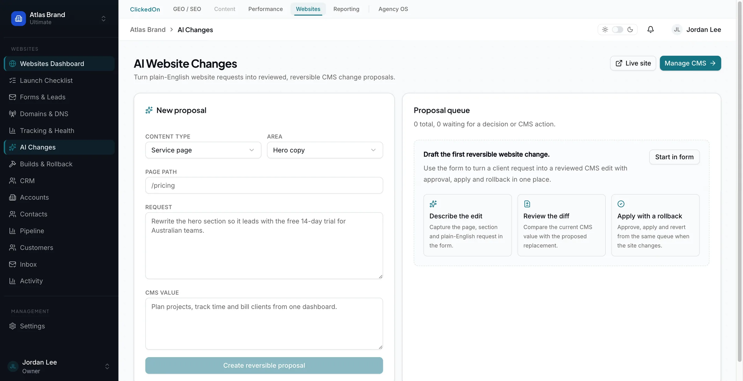 ClickedOn app AI Website Changes screen with a new proposal form and the proposal queue