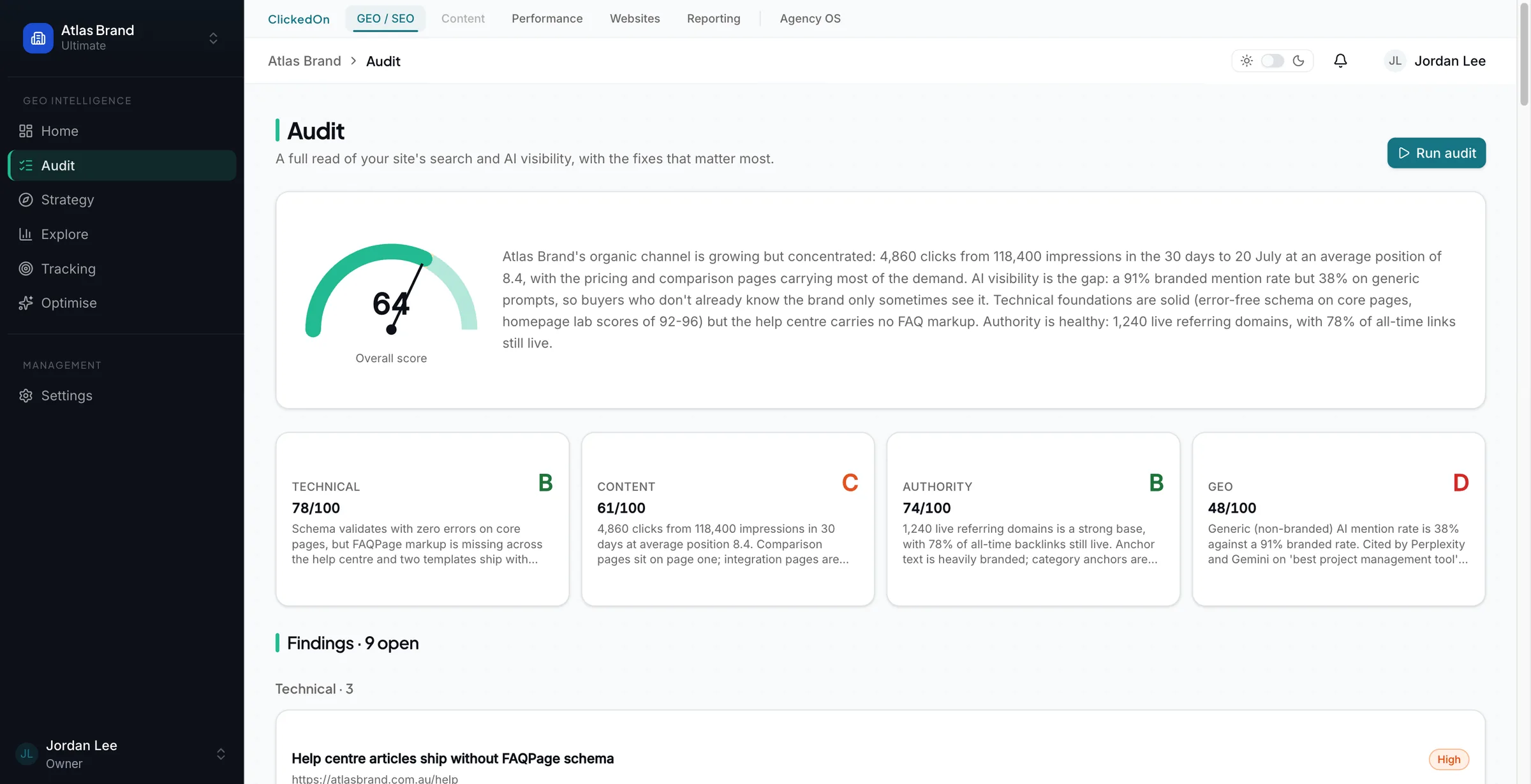 ClickedOn app Audit screen showing an overall score gauge, four pillar grades and open findings