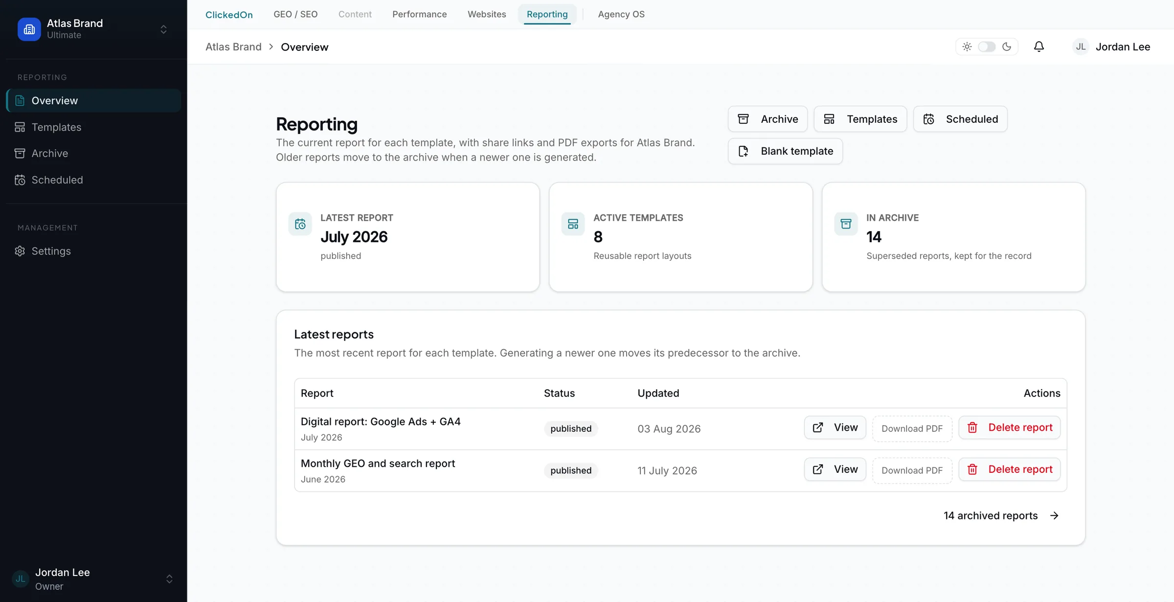ClickedOn app Reporting overview showing the latest report, active templates, archive and the latest reports table