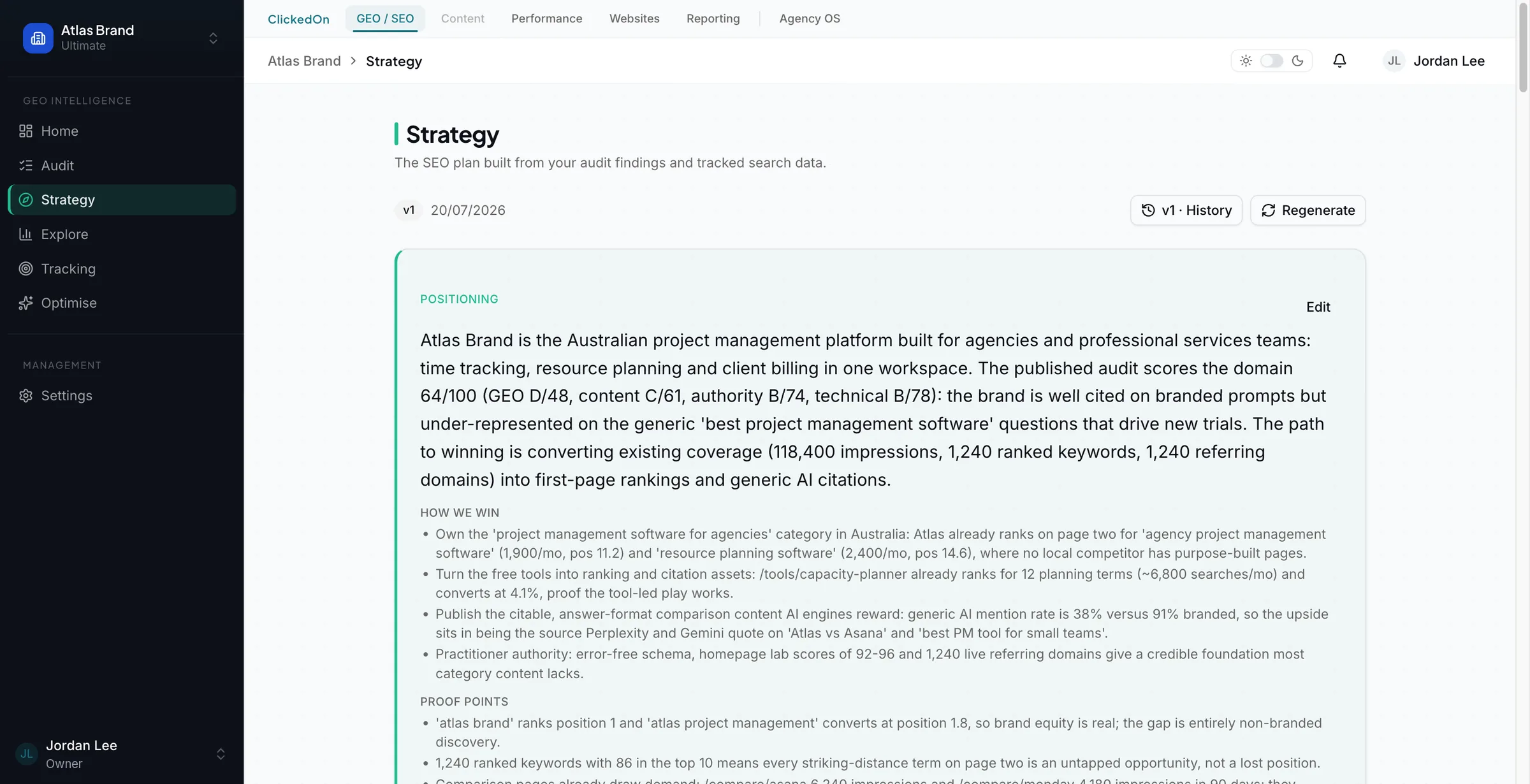 ClickedOn app Strategy screen showing a versioned positioning statement, how we win and proof points