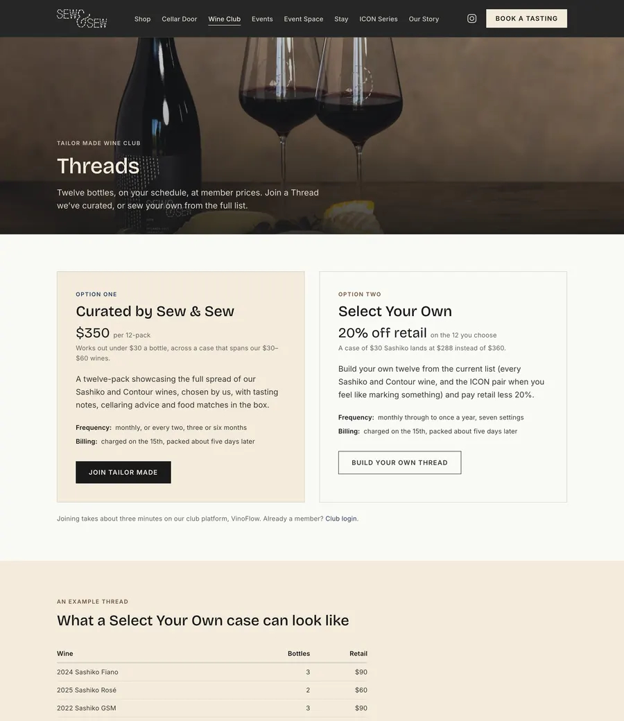 The new Sew & Sew wine club page showing $350 per 12-pack, 20% off retail and an example case