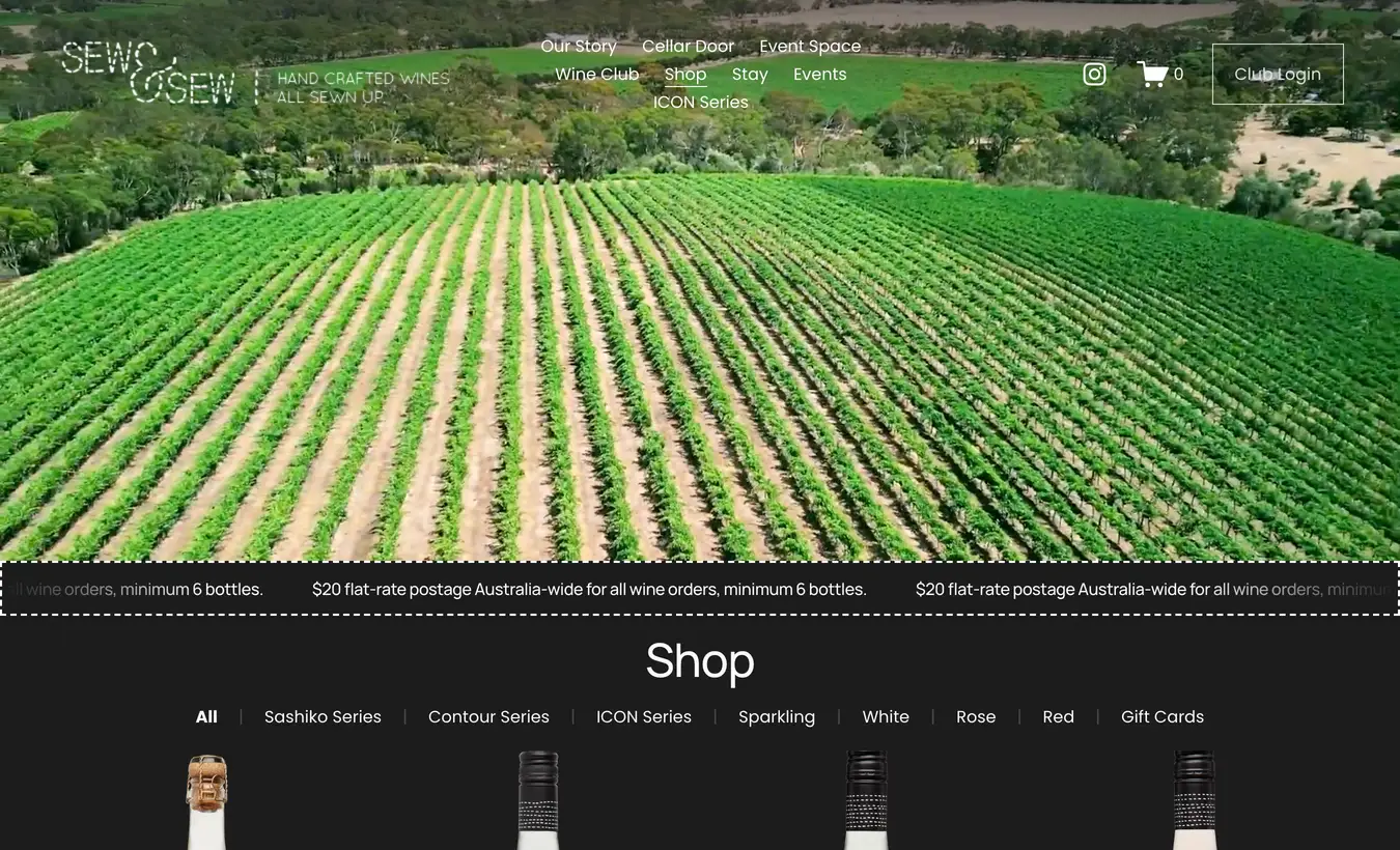 The previous Sew & Sew Wines homepage on Squarespace, a vineyard video above the shop