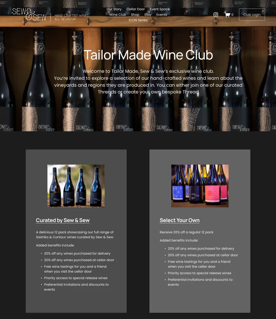 The old Sew & Sew wine club page, two membership cards listing benefits with no prices