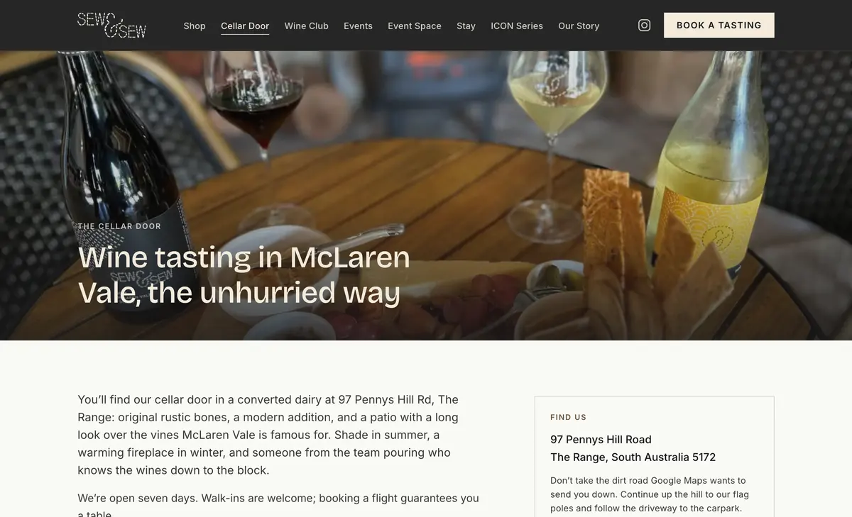 The new Sew & Sew cellar door page, headed Wine tasting in McLaren Vale, the unhurried way