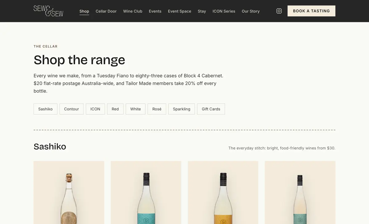 The new Sew & Sew shop page with filters for each range and wine style