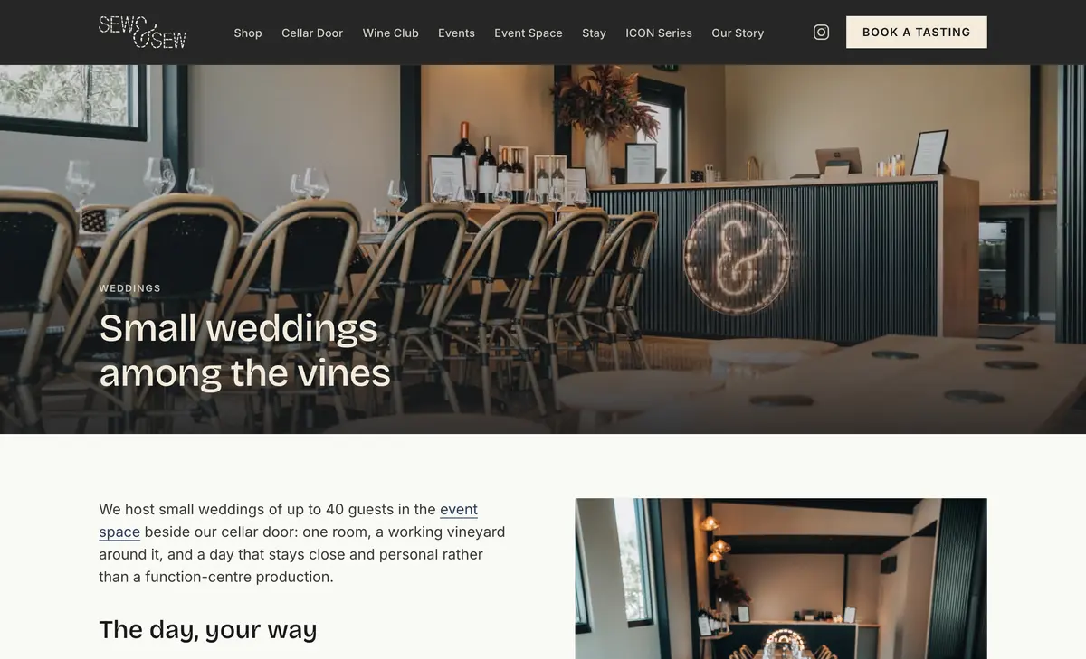 The new Sew & Sew weddings page, headed Small weddings among the vines