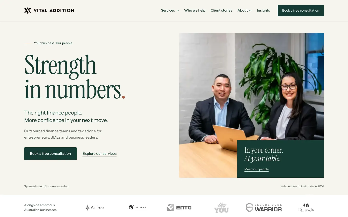 Vital Addition's new website on desktop: a light hero with the firm's people and a Book a free consultation button