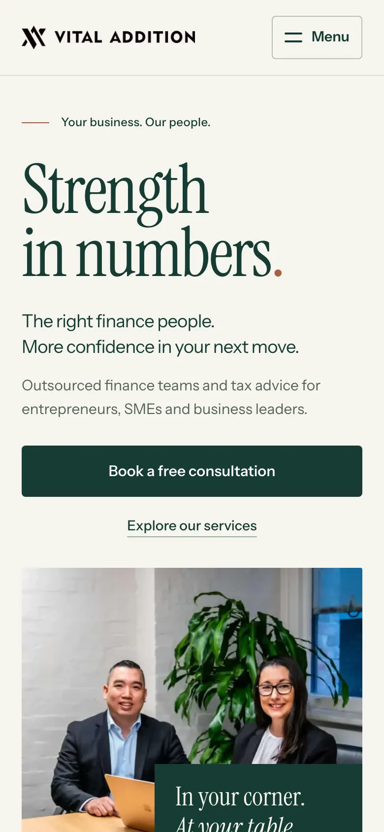 Vital Addition's new website on a phone, with a Book a free consultation button