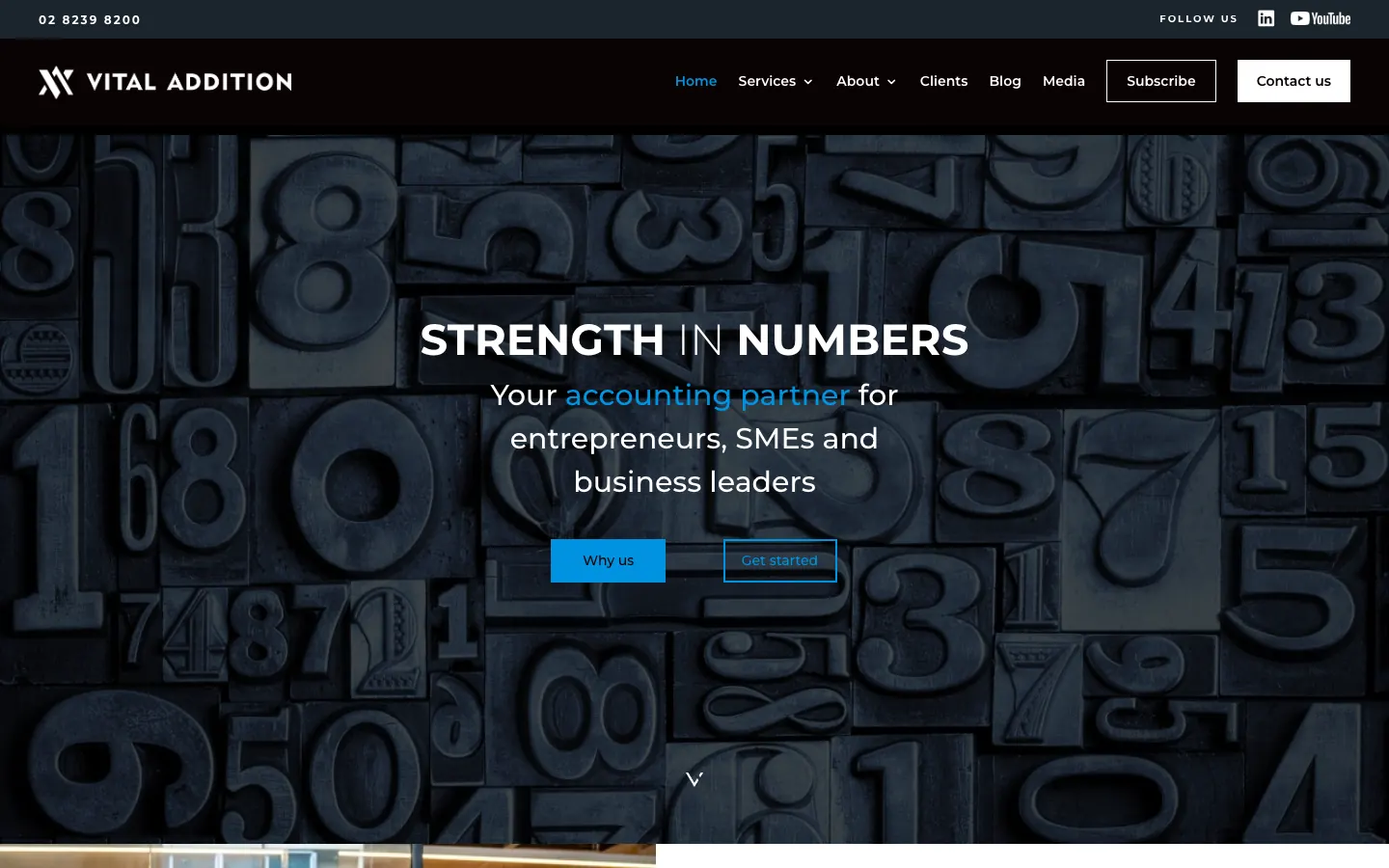Vital Addition's current website on desktop: a dark hero with the line Strength in numbers